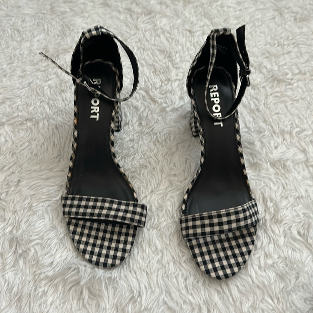 Report gingham block heels